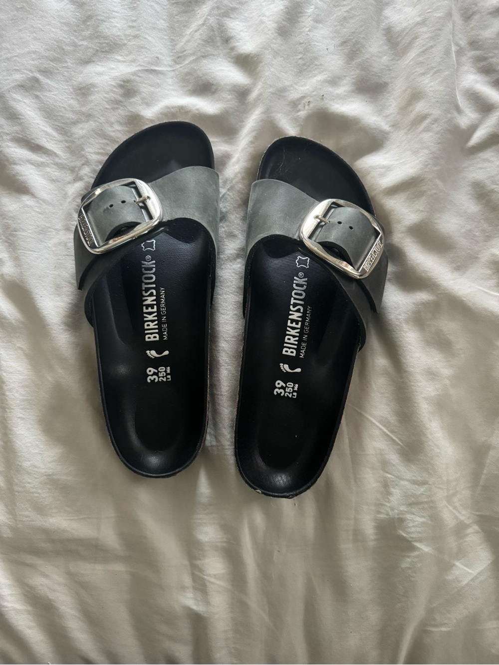 Birkenstock Single Strap Sandals in Black with Silver Buckles